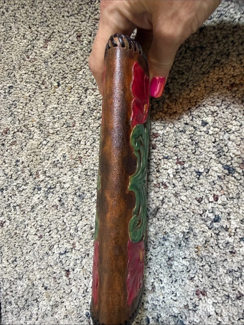 Vintage Hand-Tooled Leather Long Wallet Hand-Painted Red Floral Green Leaf Motif